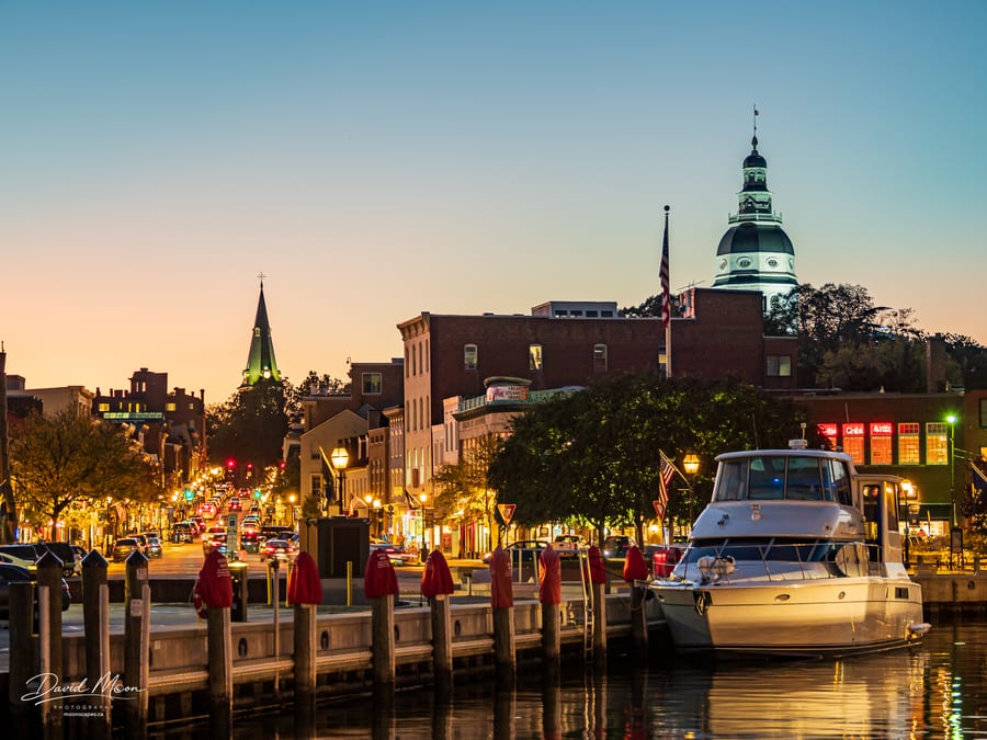 View of Ego Alley and Main St with St. Anne's Church and Maryland State House , Annapolis, Maryland